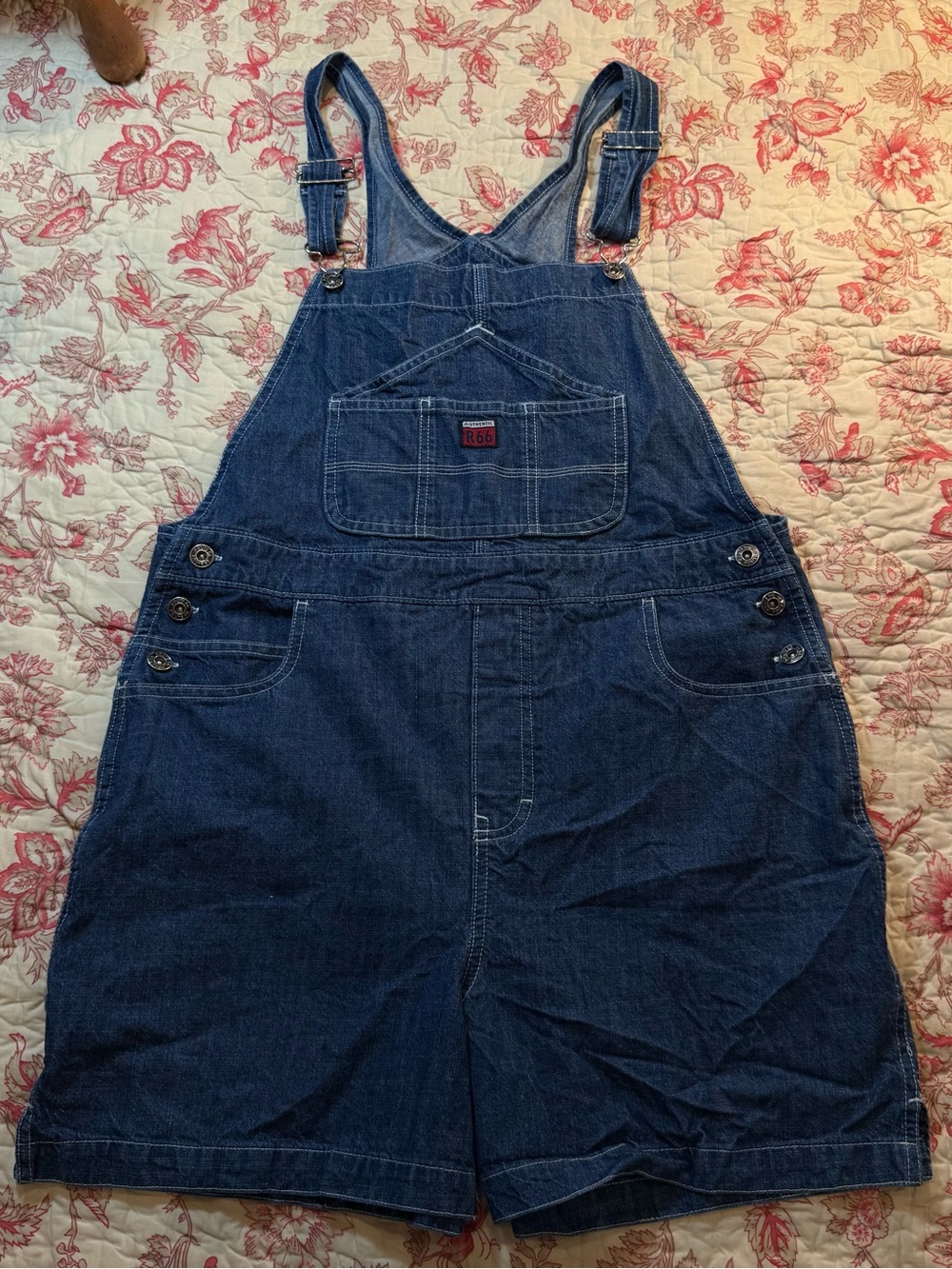 Cute Vintage Denim Route 66 Overalls Dark Blue Denim Carpenter Short Overalls